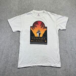 VINTAGE Panama Canal T-Shirt Size Medium White Graphic Tee Souvenir Travel 90s